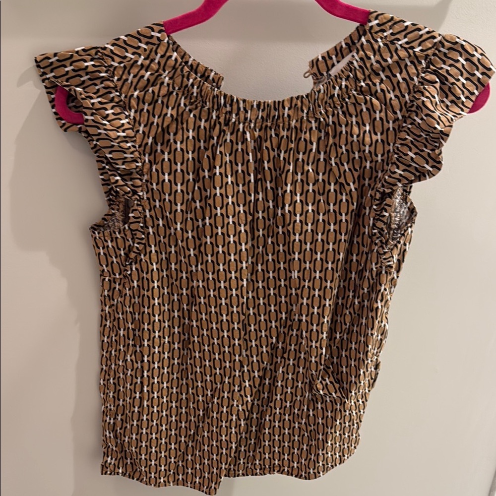 LOFT Brown and White Smocked Ruffled Blouse